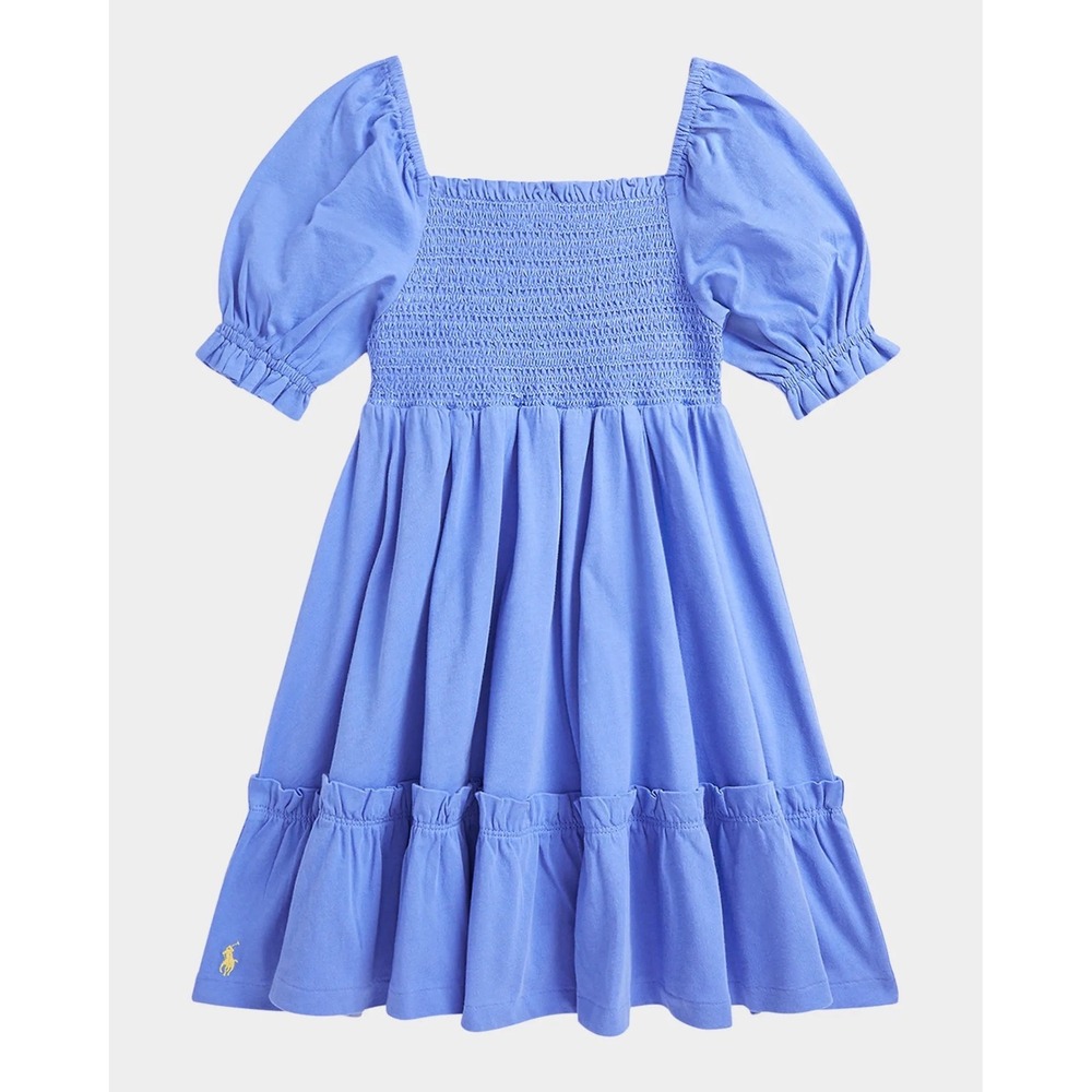 Polo Ralph Lauren Girls Blue Smocked Puff Sleeve Cotton Dress Size S 7 Pony Logo